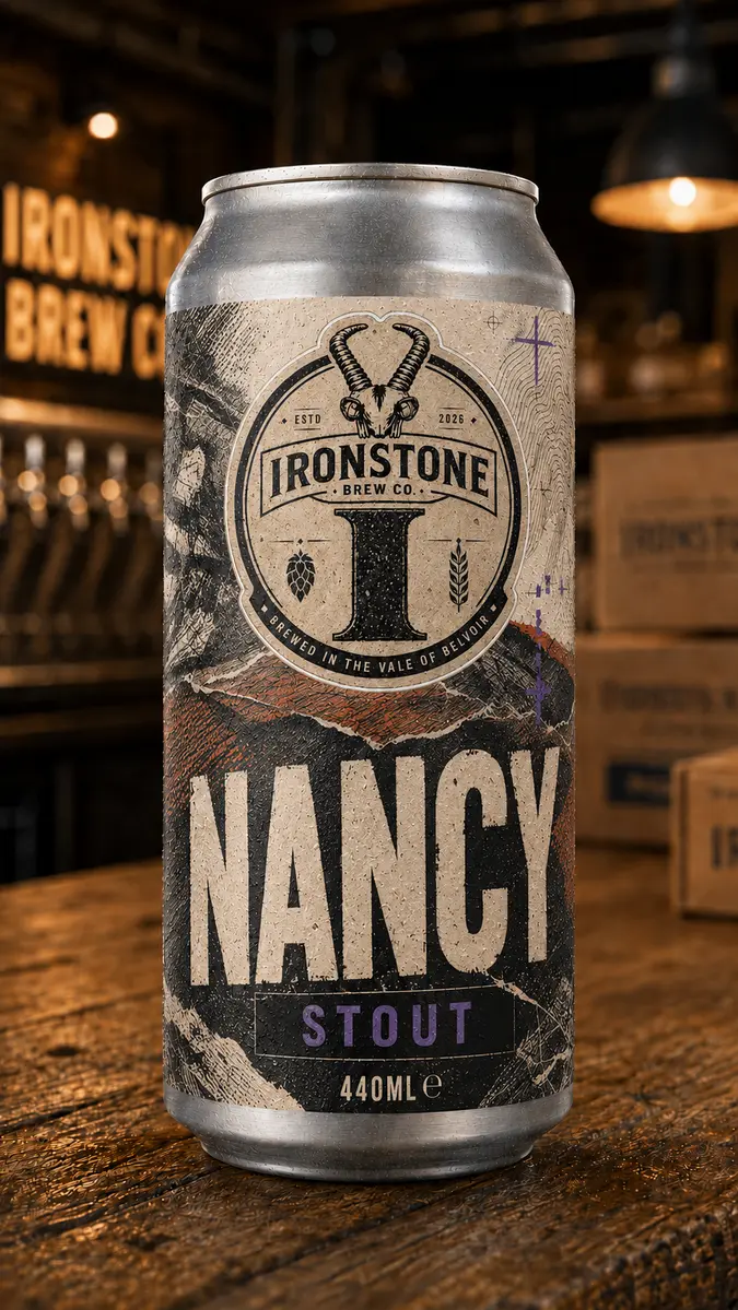 Nancy Stout silver can with pencil-hatched stone label artwork