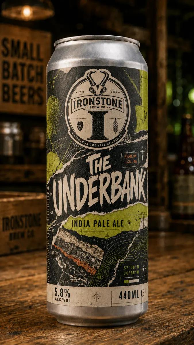 The Underbank IPA silver can with pencil-drawn geology label artwork