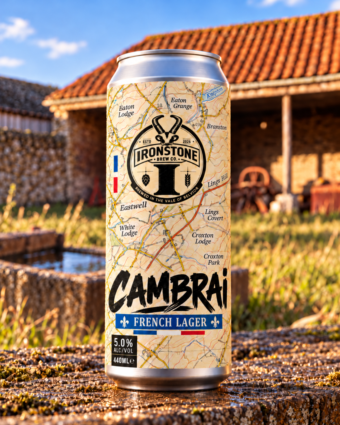 Cambrai French lager, silver can with pencil-hatched stone label artwork