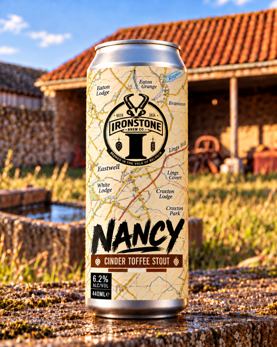 Nancy Stout silver can with pencil-hatched stone label artwork