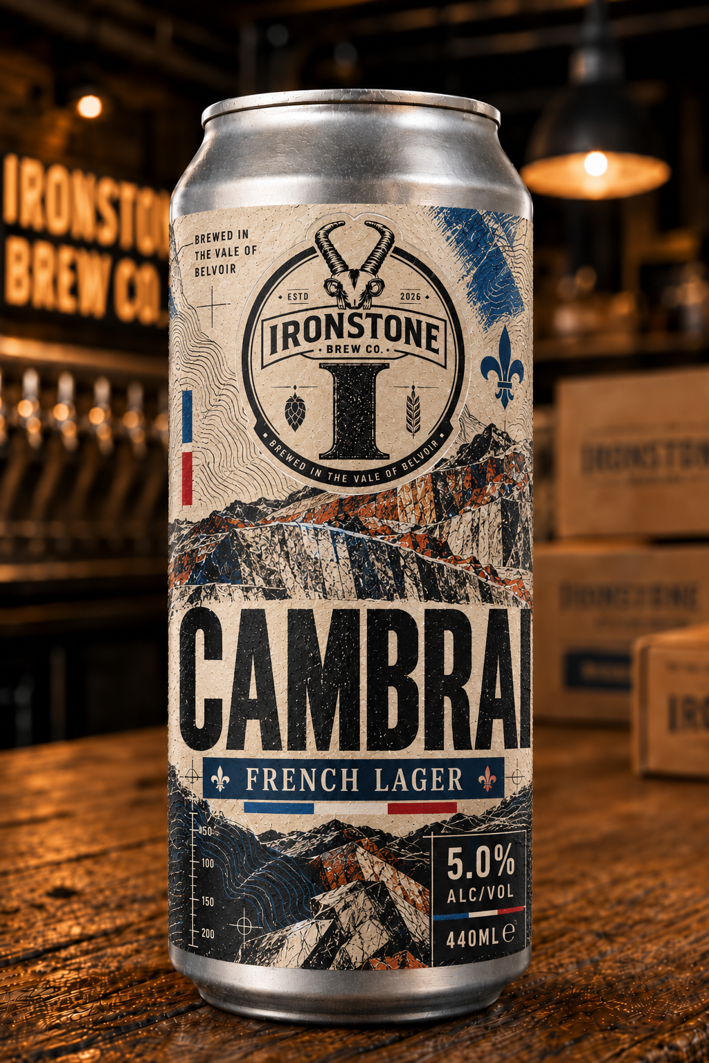 Cambrai French lager, silver can with pencil-hatched stone label artwork